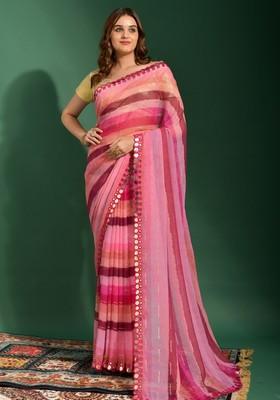 Pink Mirror Work Georgette Saree Set