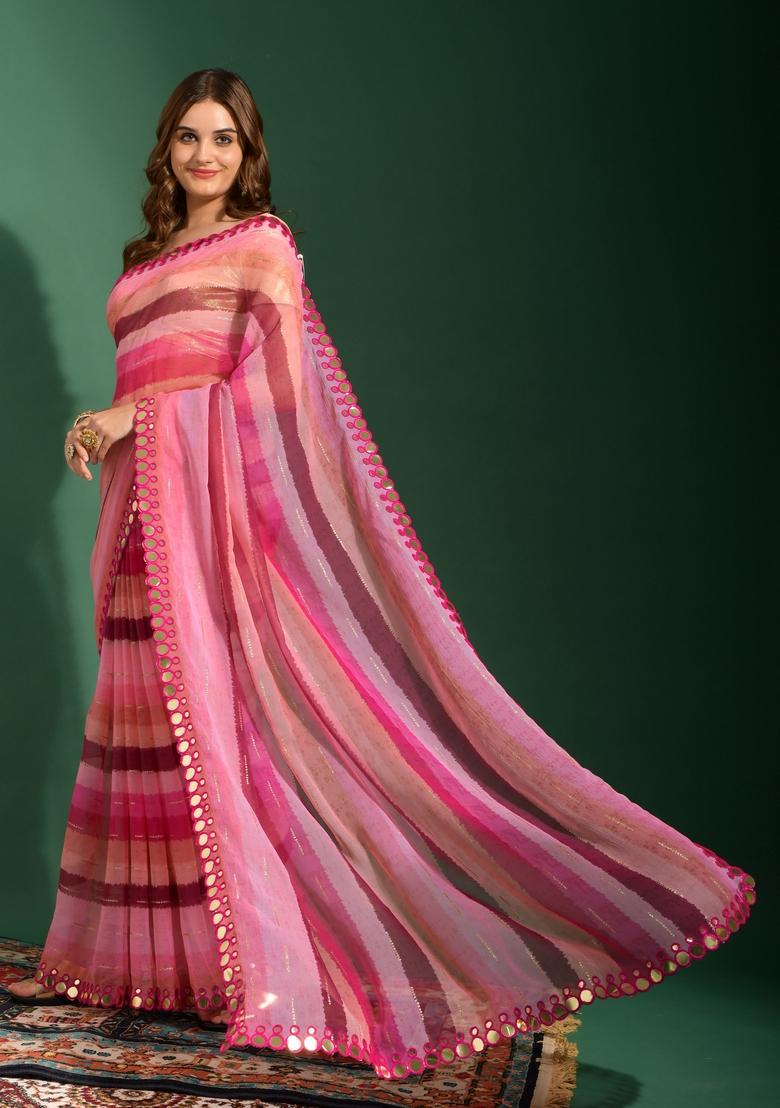 Pink Mirror Work Georgette Saree Set