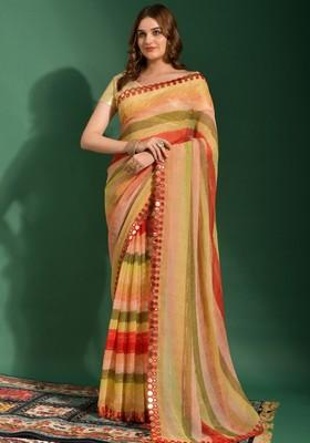 Red Mirror Work Georgette Saree Set