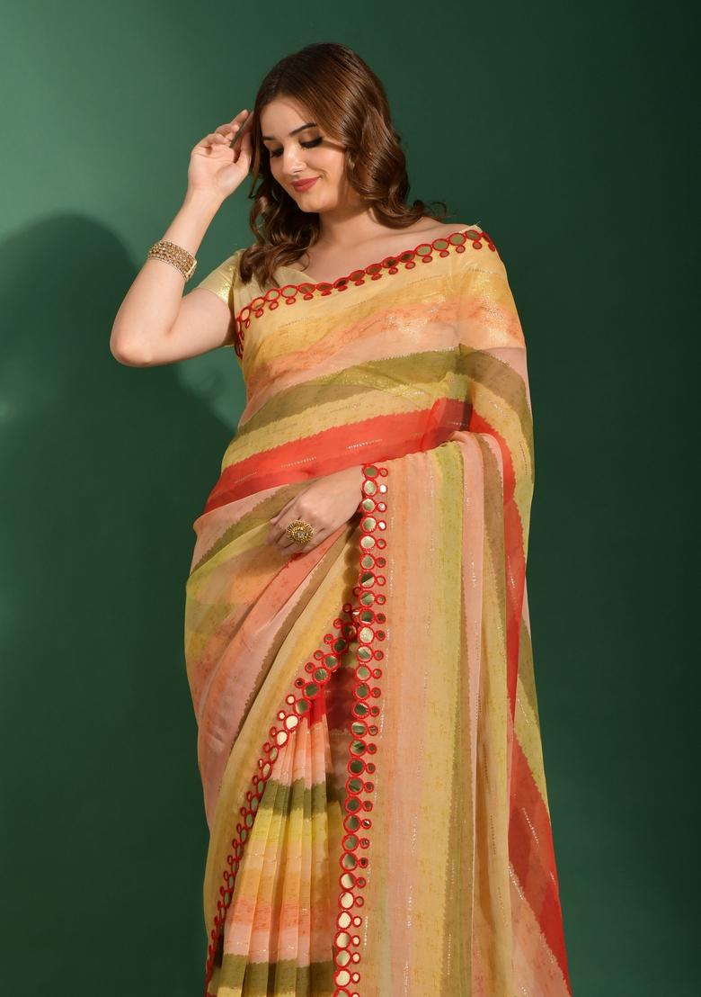 Red Mirror Work Georgette Saree Set