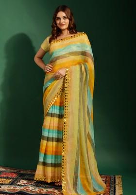 Yellow Mirror Work Georgette Saree Set