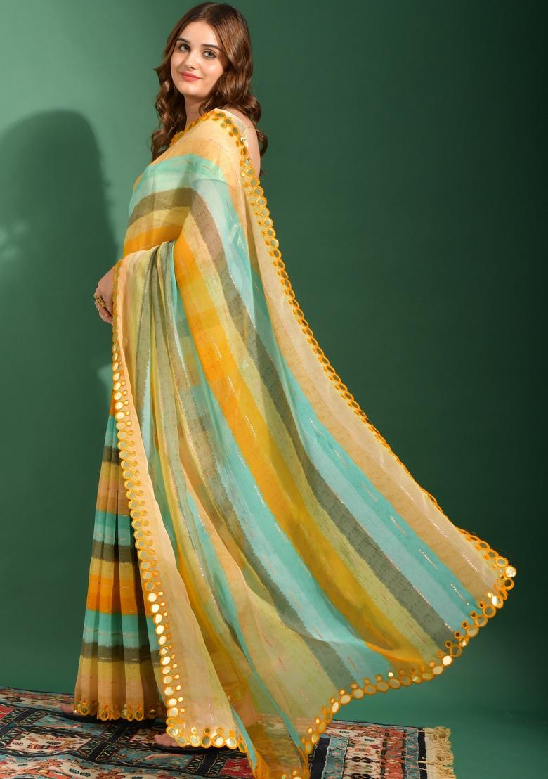Yellow Mirror Work Georgette Saree Set