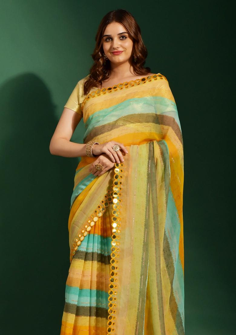 Yellow Mirror Work Georgette Saree Set