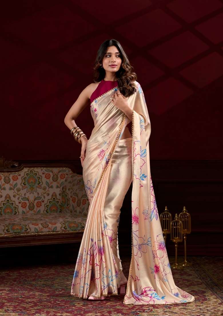 Cream Embroidered Silk Saree Set - Indya