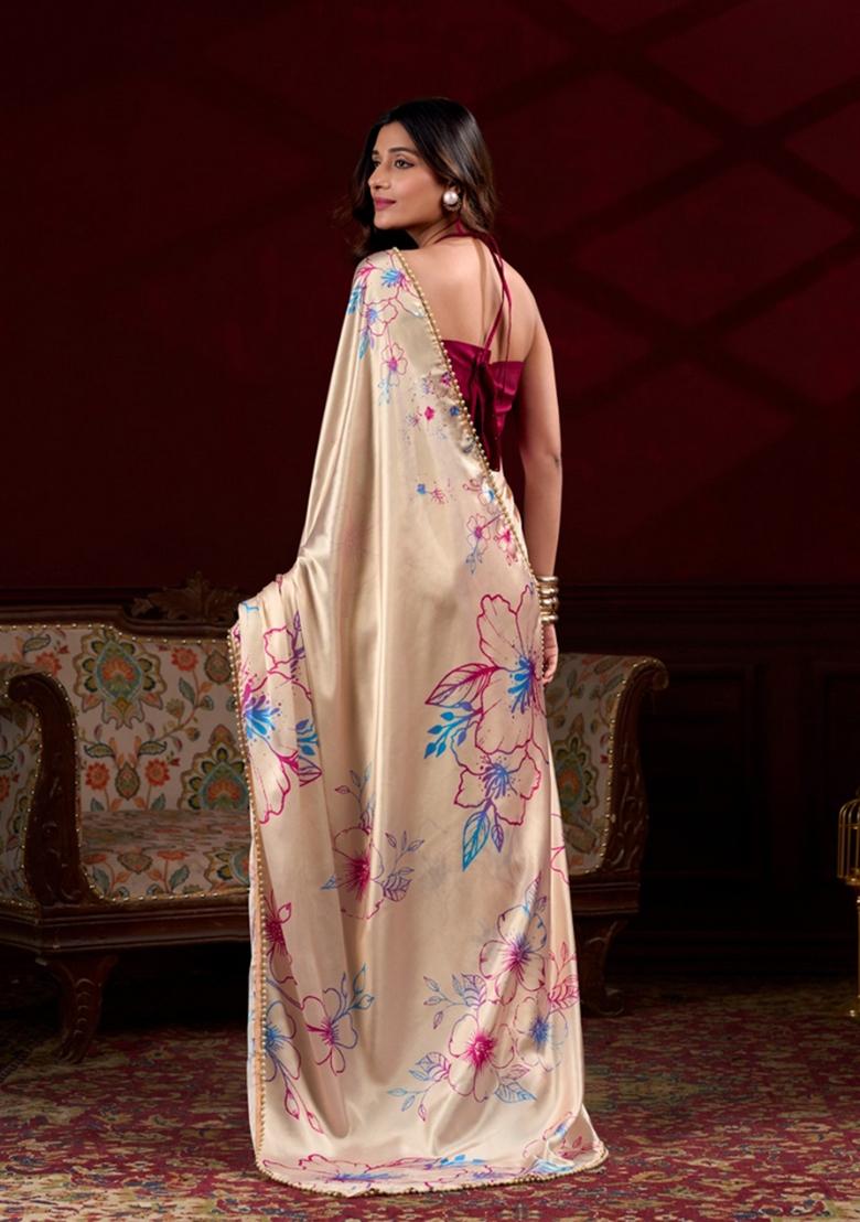 Cream Embroidered Silk Saree Set