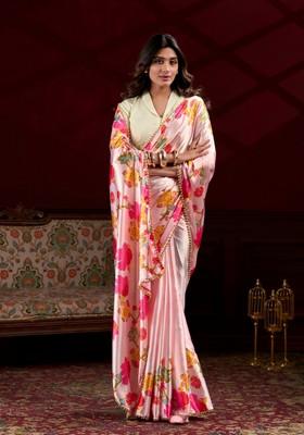 Peach Embroidered Silk Saree Set