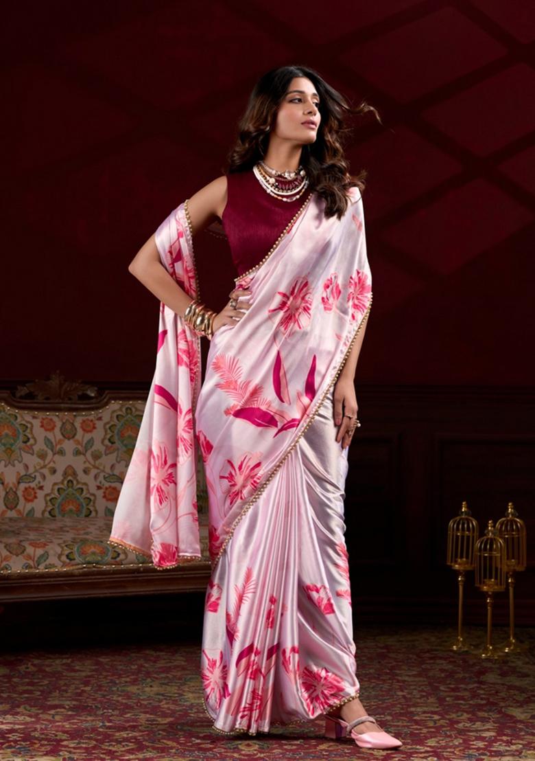 Pink Embroidered Silk Saree Set