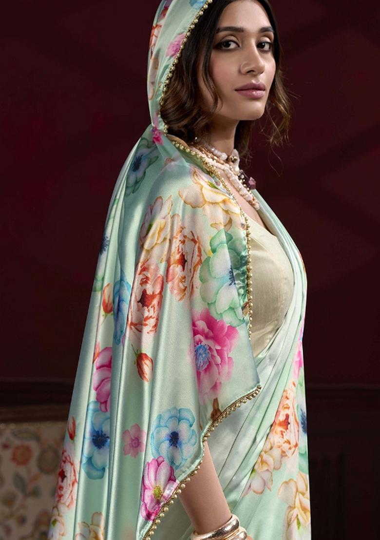 Sky Embroidered Silk Saree Set