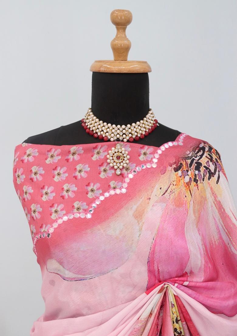 Pink Mirror Work Chiffon Saree Set