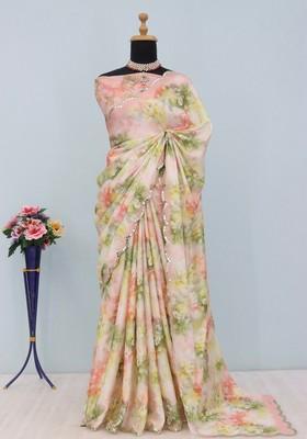 Peach Mirror Work Chiffon Saree Set