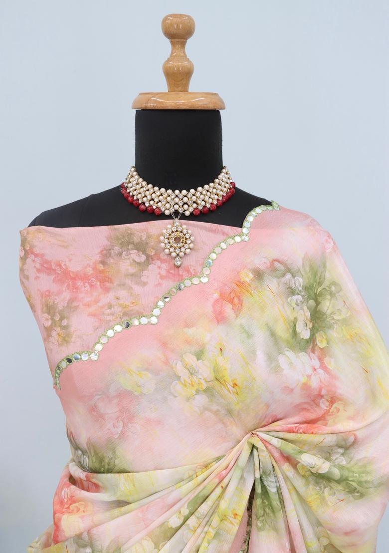 Peach Mirror Work Chiffon Saree Set