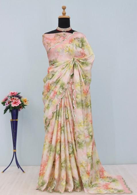 Peach Mirror Work Chiffon Saree Set