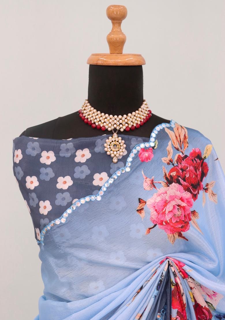 Grey Mirror Work Chiffon Saree Set