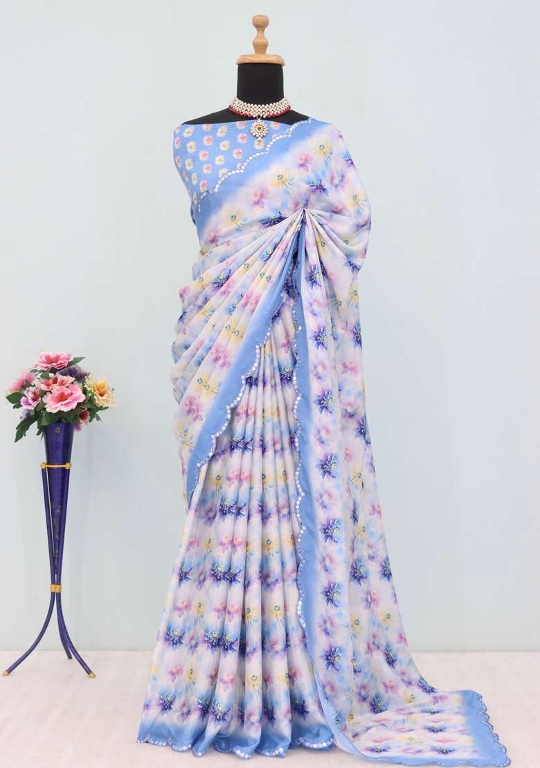 Sky Blue Mirror Work Chiffon Saree Set - Indya