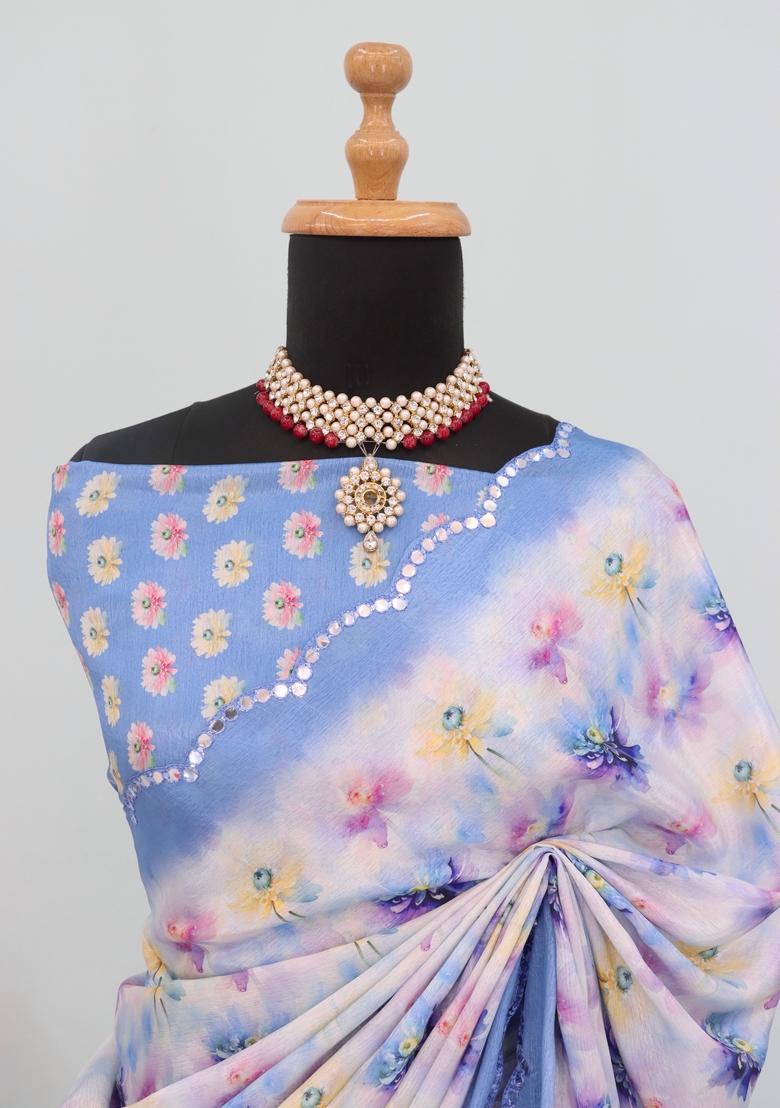 Sky Blue Mirror Work Chiffon Saree Set