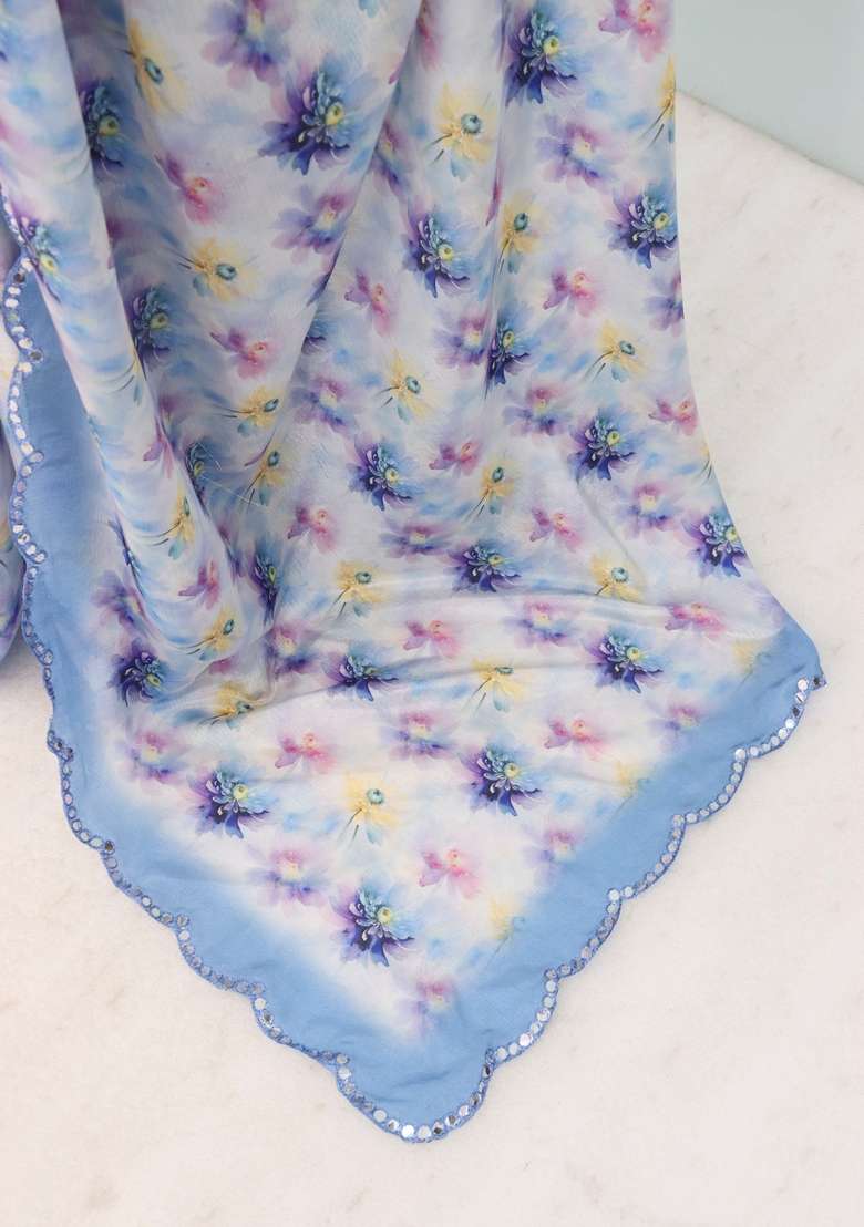 Sky Blue Mirror Work Chiffon Saree Set - Indya