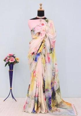 Baby Pink Mirror Work Chiffon Saree Set