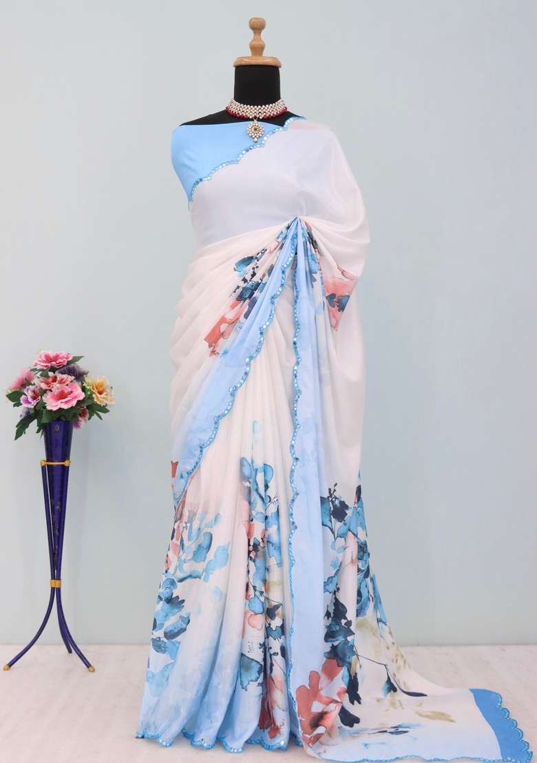 Sky Blue Mirror Work Chiffon Saree Set - Indya
