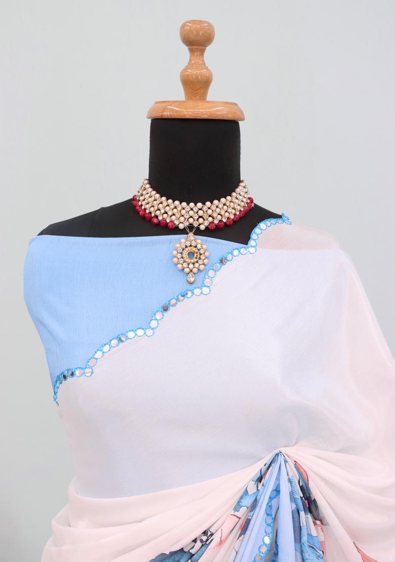 Sky Blue Mirror Work Chiffon Saree Set