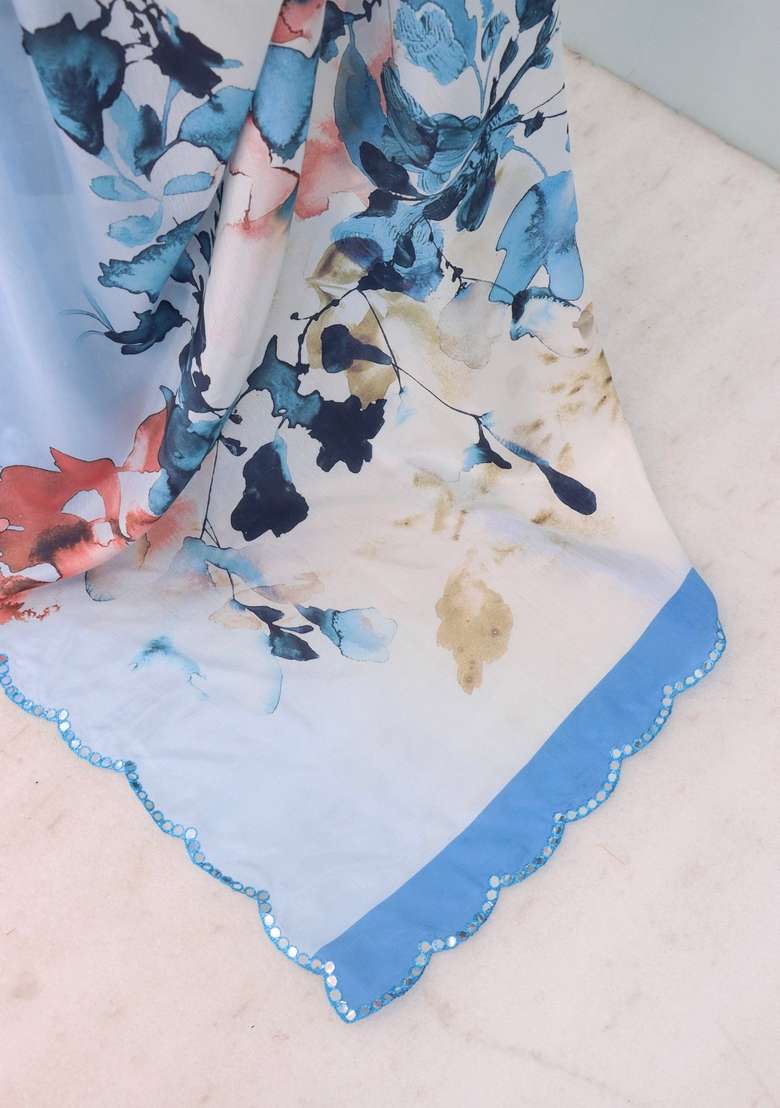 Sky Blue Mirror Work Chiffon Saree Set - Indya