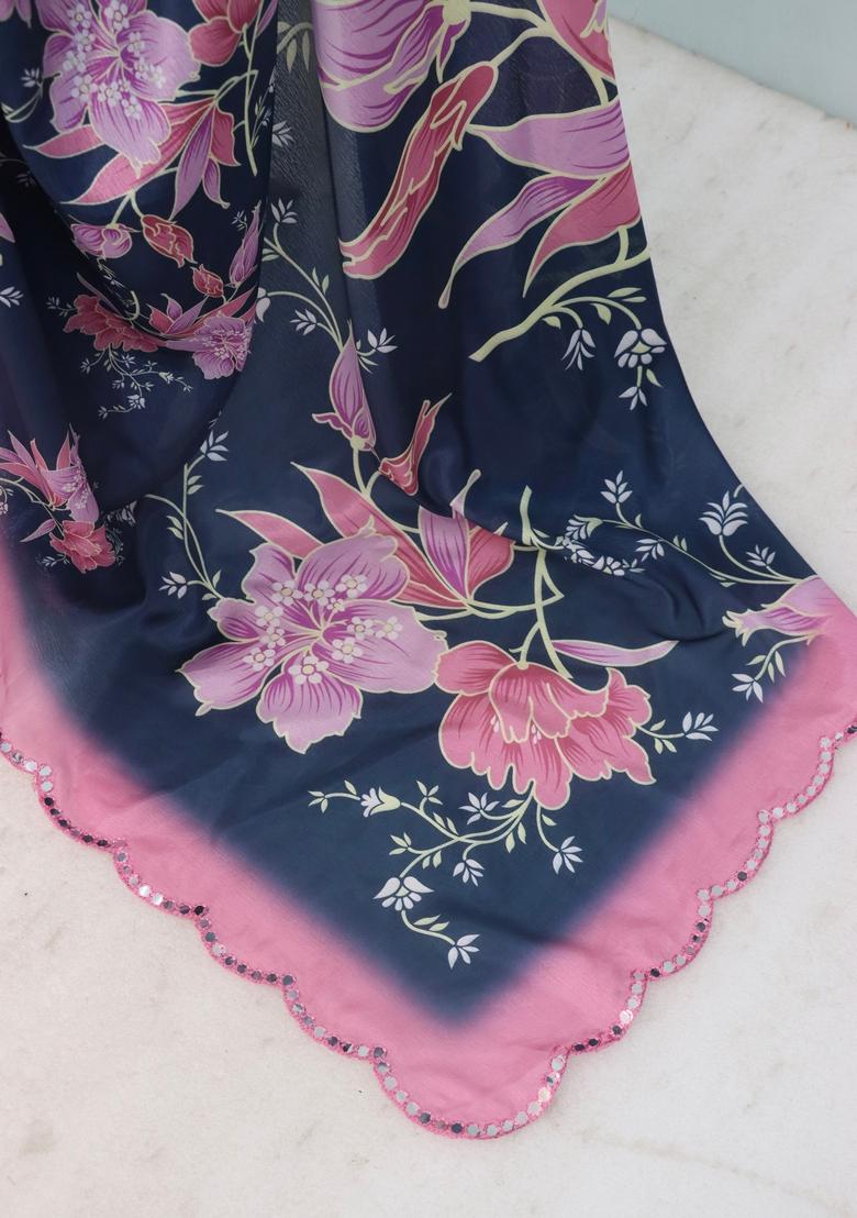 Pink Mirror Work Chiffon Saree Set