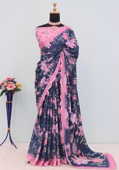 Pink Mirror Work Chiffon Saree Set