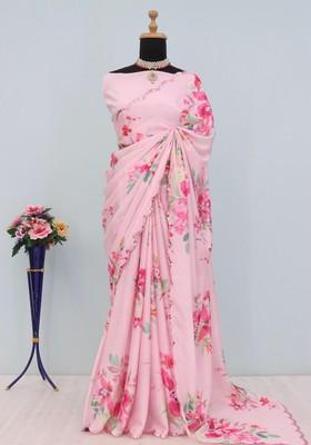 Baby Pink Mirror Work Chiffon Saree Set