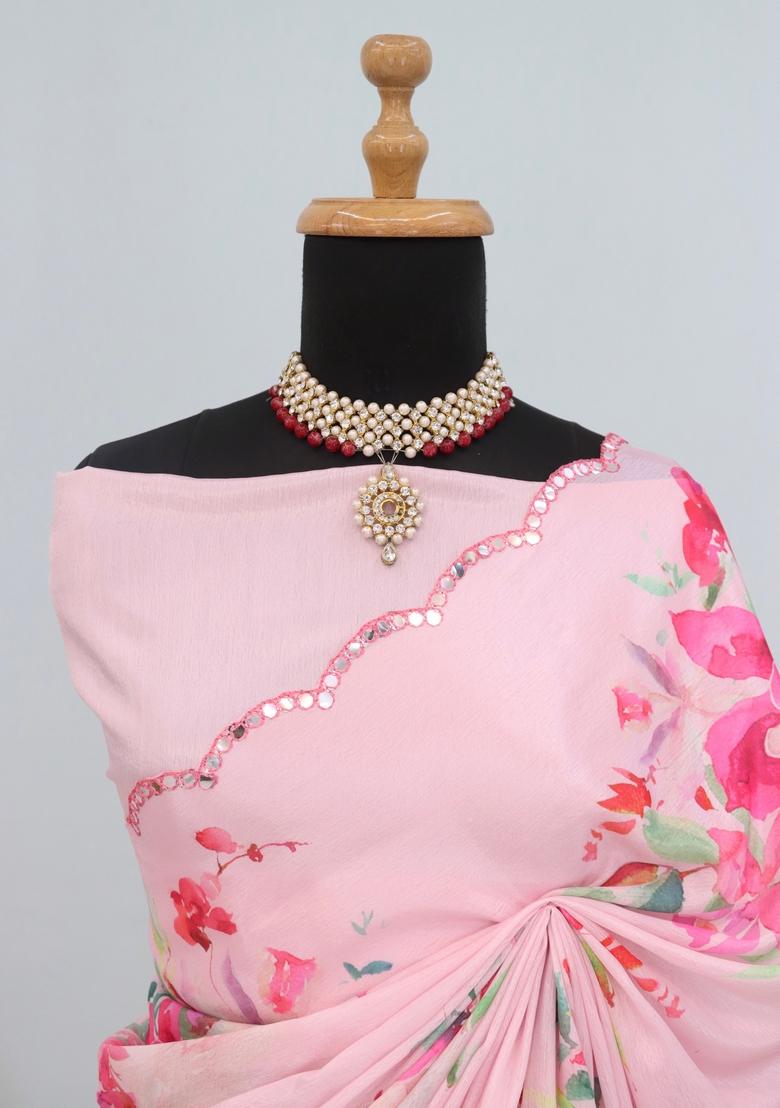 Baby Pink Mirror Work Chiffon Saree Set