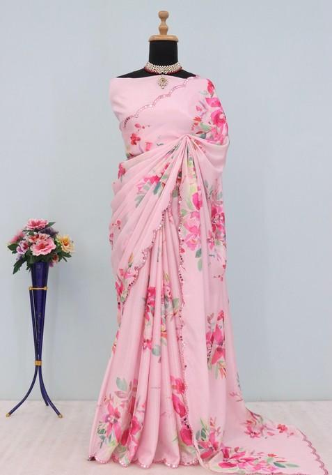 Baby Pink Mirror Work Chiffon Saree Set