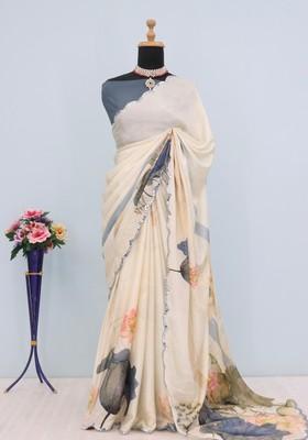Grey Mirror Work Chiffon Saree Set