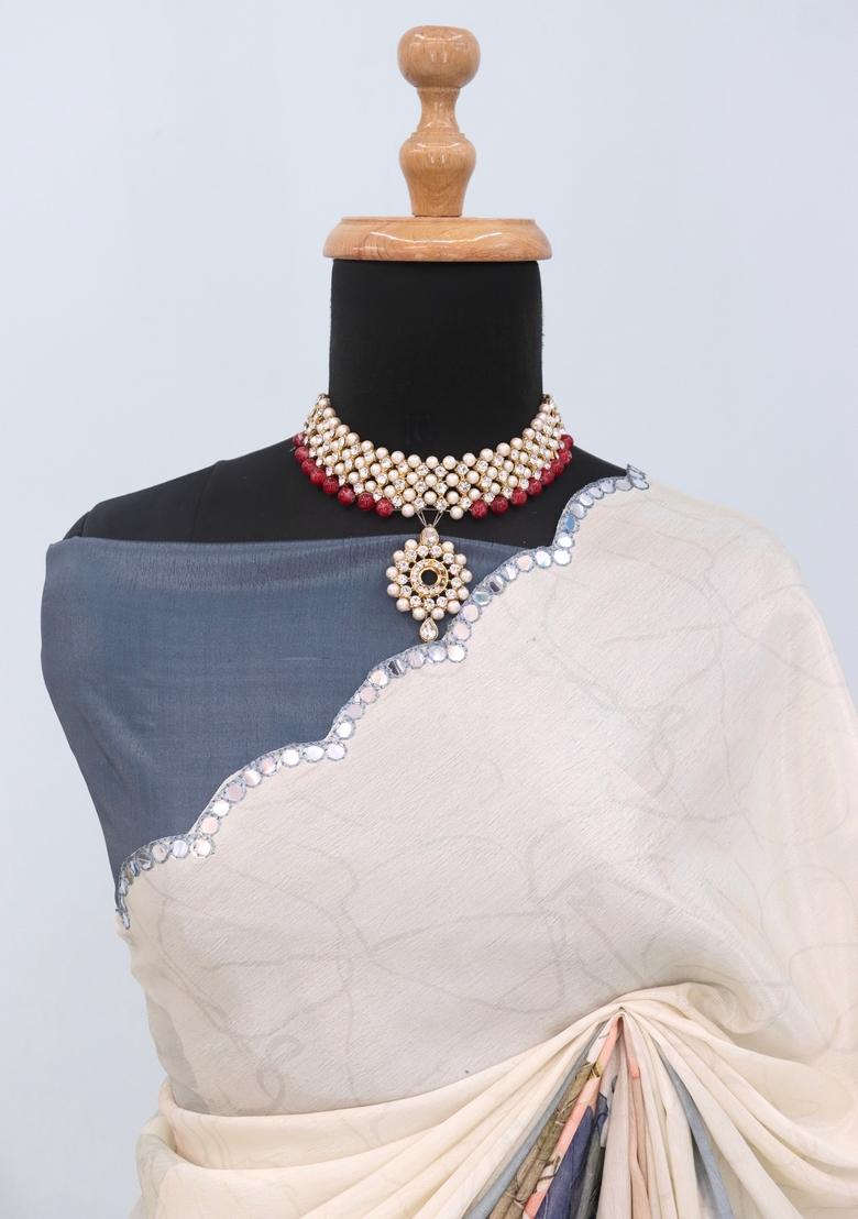 Grey Mirror Work Chiffon Saree Set