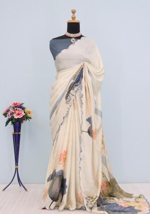 Grey Mirror Work Chiffon Saree Set