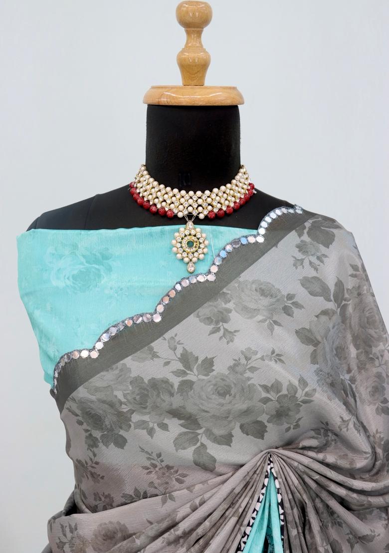 Sea Green Mirror Work Chiffon Saree Set
