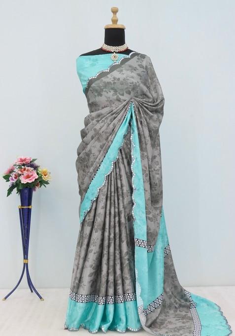 Sea Green Mirror Work Chiffon Saree Set