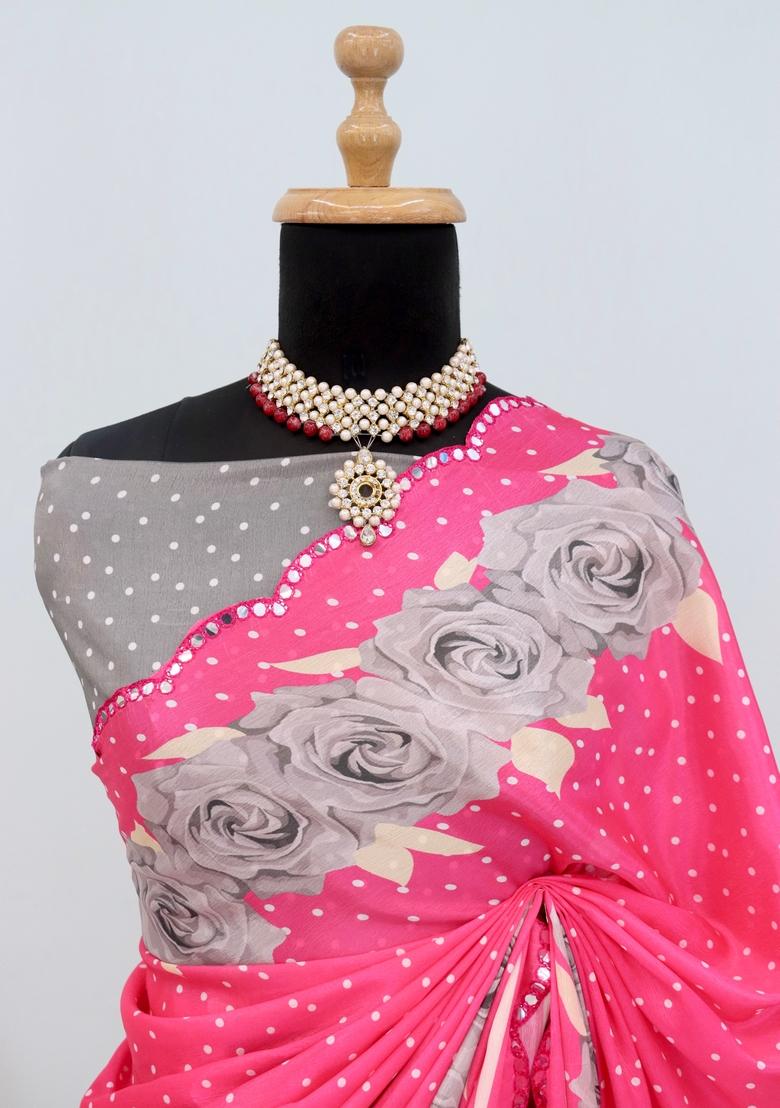 Rani Pink Mirror Work Chiffon Saree Set