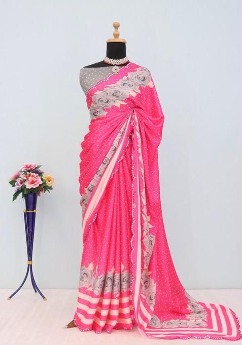 Rani Pink Mirror Work Chiffon Saree Set