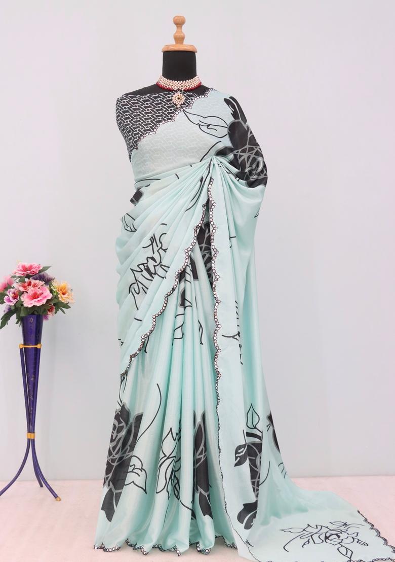 Black Mirror Work Chiffon Saree Set