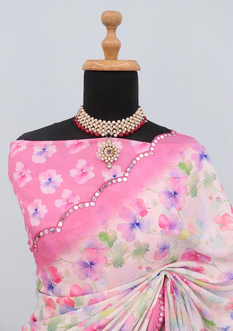 Light Pink Mirror Work Chiffon Saree Set