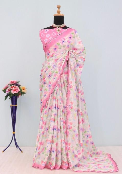 Light Pink Mirror Work Chiffon Saree Set