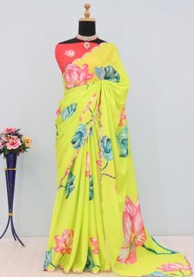 Lemon Yellow Mirror Work Chiffon Saree Set