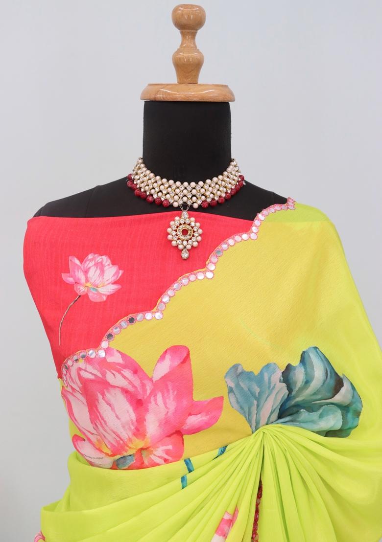 Lemon Yellow Mirror Work Chiffon Saree Set