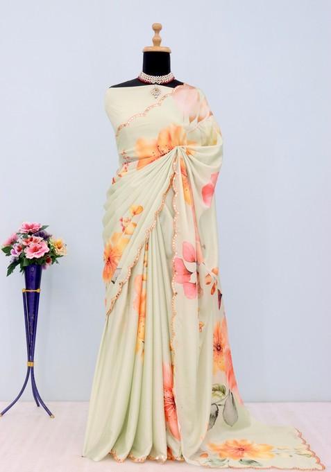 Orange Mirror Work Chiffon Saree Set