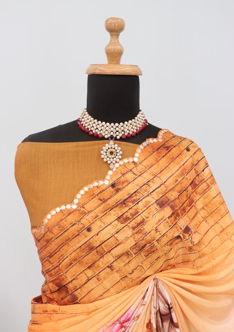 Orange Mirror Work Chiffon Saree Set