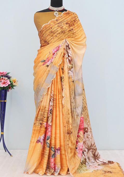 Orange Mirror Work Chiffon Saree Set