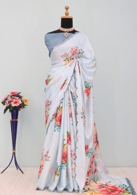 Grey Mirror Work Chiffon Saree Set