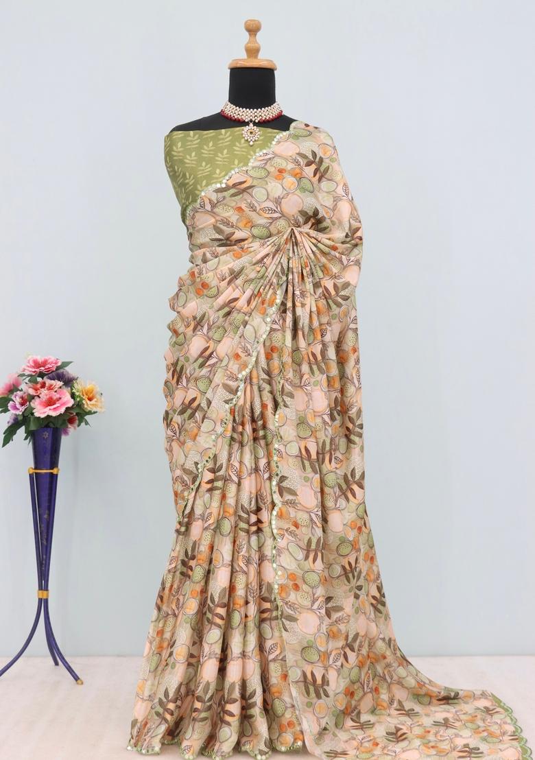 Green Mirror Work Chiffon Saree Set