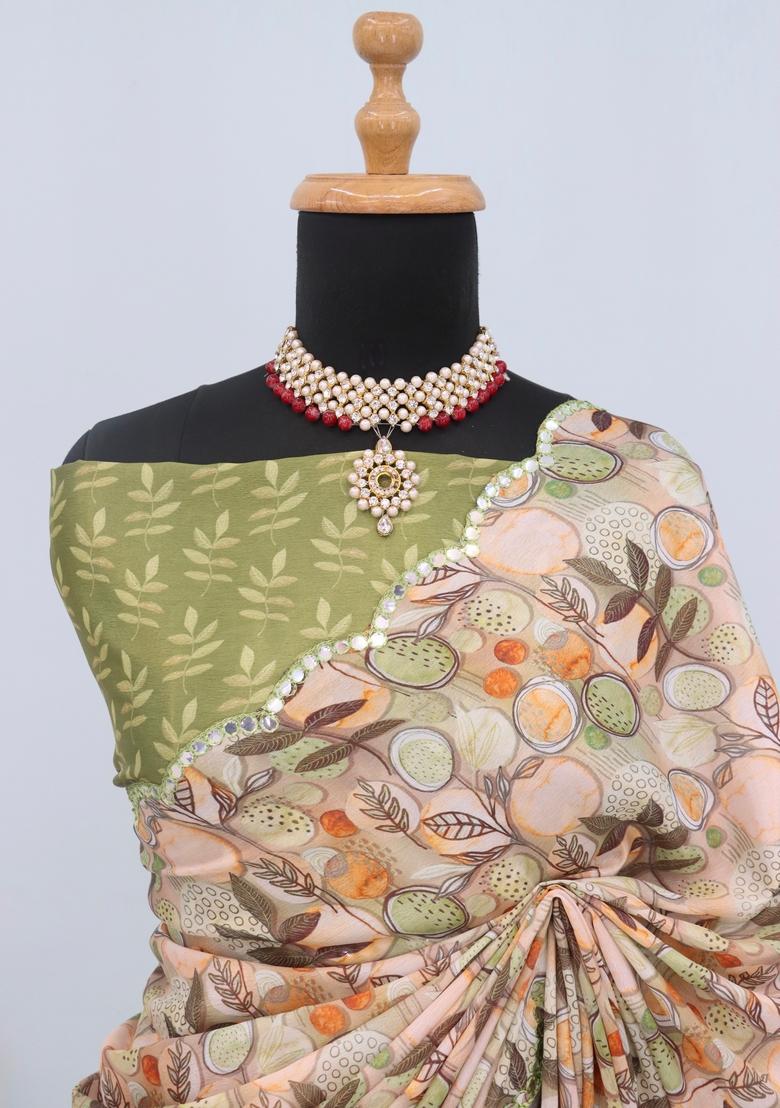 Green Mirror Work Chiffon Saree Set