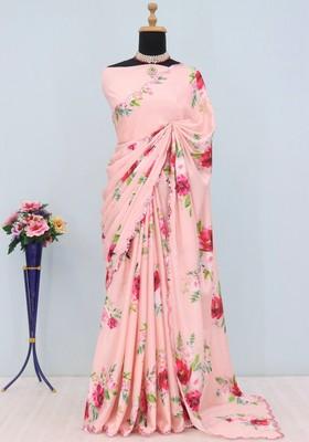 Peach Mirror Work Chiffon Saree Set