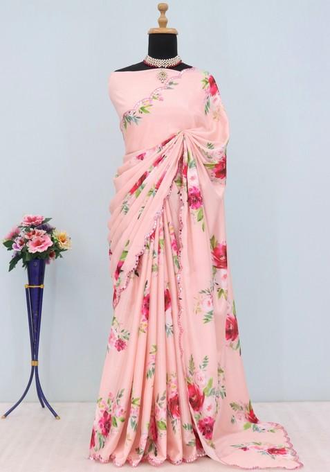 Peach Mirror Work Chiffon Saree Set
