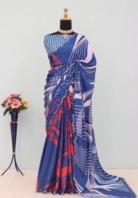Blue Mirror Work Chiffon Saree Set